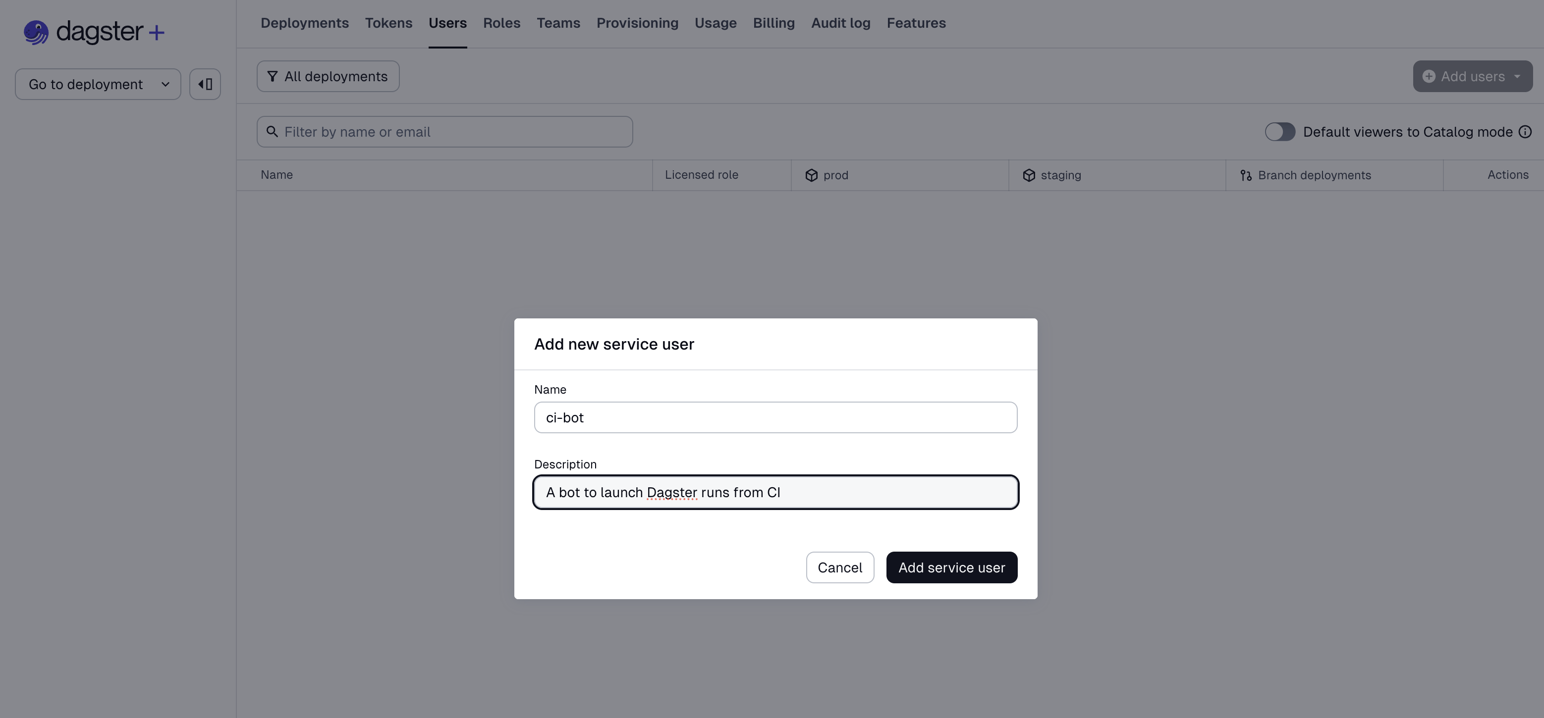 Screenshot of "Add service user" form